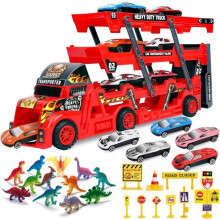 Autotransporter mit 6 Mini-Metallautos und 12 Dinosauriern für Kinder (Jungen und Mädchen) – Rot
