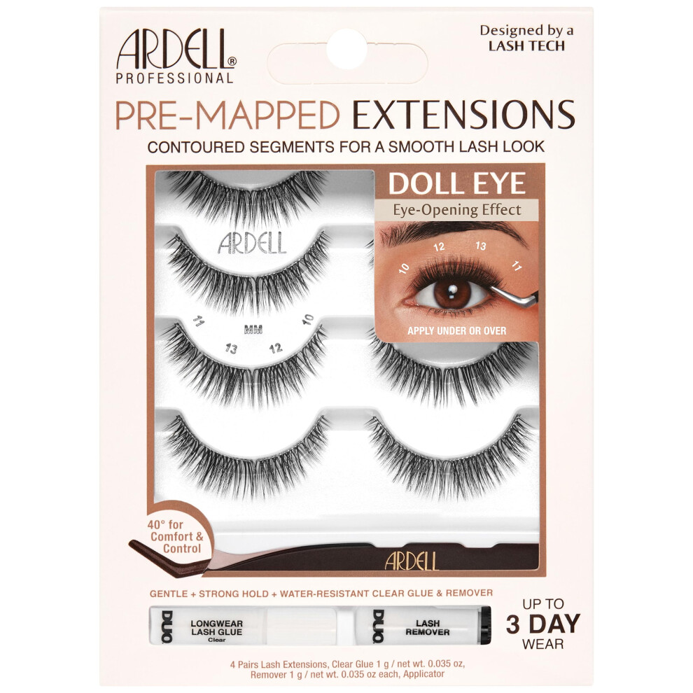 Ardell Pre-Mapped Eyelash Extensions Kit - False Lashes Doll Eye Reusable Segmented Lash Strips Long-Lasting With Lash Glue And Remover 4 Pack