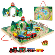 Joqutoys Set Treno 18 Pezzi per Bambini, Ferrovia da Tavolo in Legno per Età 3+, Pista Treno Portatile e Durevole con 4 Treni