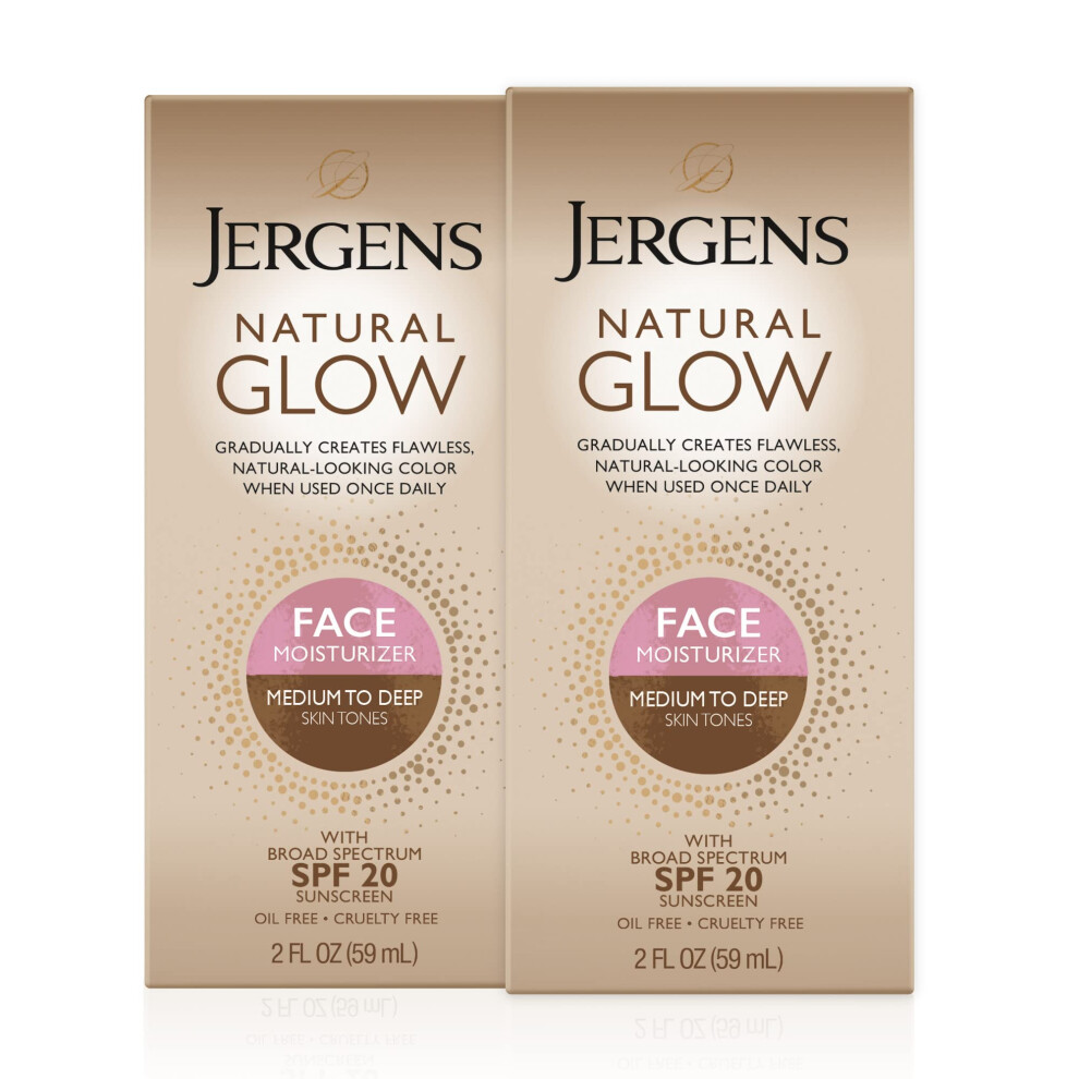 Jergens Natural Glow Face Self Tanner Lotion, Spf 20 Sunless Tanning, Medium To Deep Skin Tone Moisturizer, Daily Facial Sunscreen, Oil Free, Broad Sp
