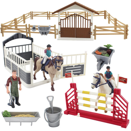 Set Gioco Stalla per Cavalli TUSAUW, Regalo Compleanno Bambini con 2 Cavalli e 2 Cavalieri