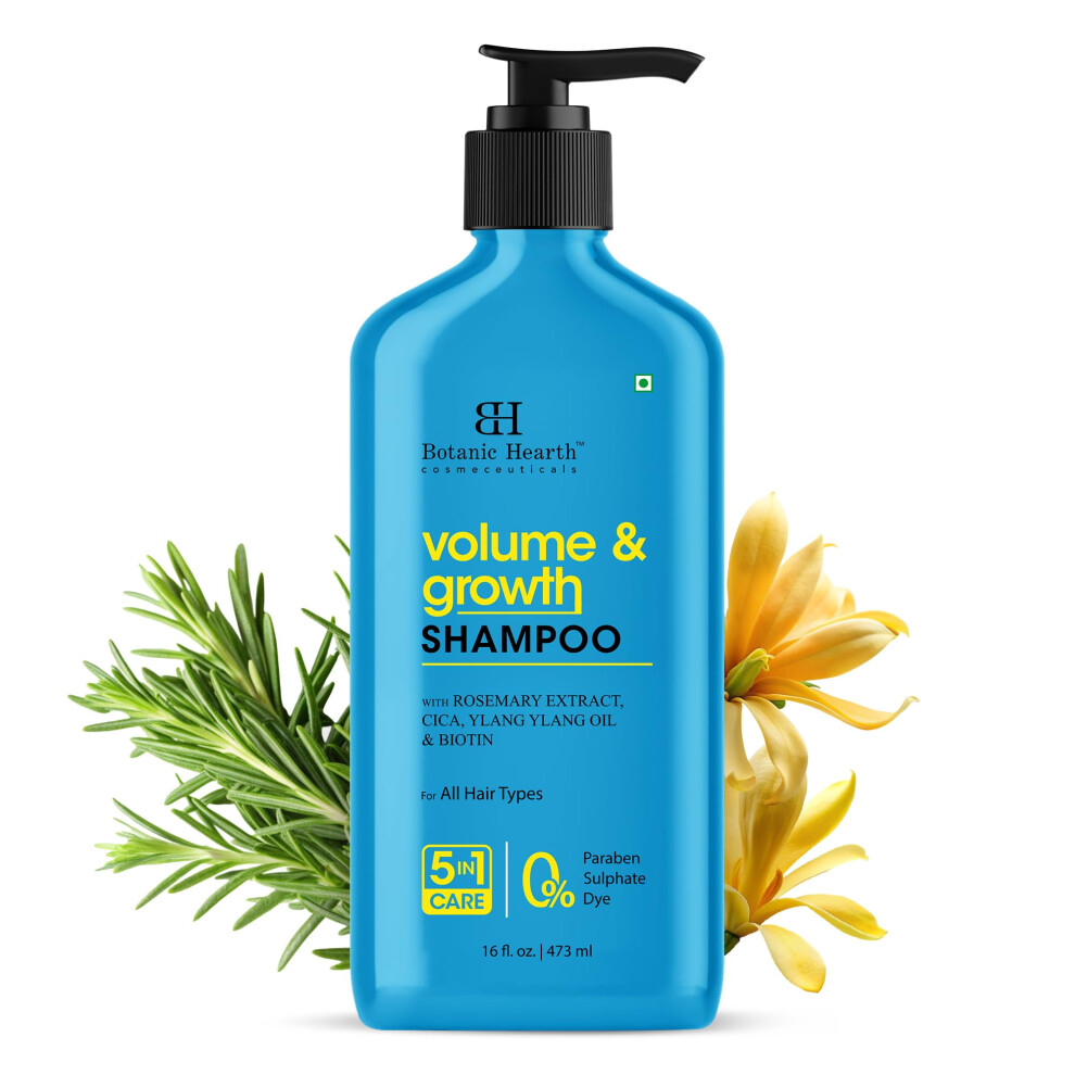 Botanic Hearth Volume & Growth Shampoo - With Rosemary Extract Cica Ylang Ylang Oil & Biotin - Paraben & Sulfate Free - 5-In-1 Care For All Hair Typ
