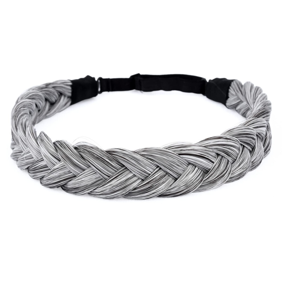 Bobiya 2 Strands Synthetic Hair Braided Headband Classic Chunky Plaited Braids Elastic Stretch Hairpiece For Women Girl Beauty Accessory (Salt Pepper)