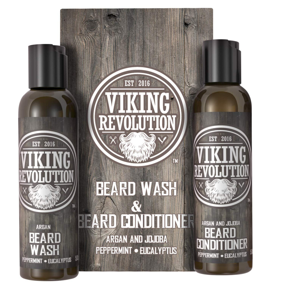 Viking Revolution Eucalyptus Beard Wash For Men & Beard Conditioner For Men With Argan & Jojoba Oils - Softens & Strengthens - Natural Beard