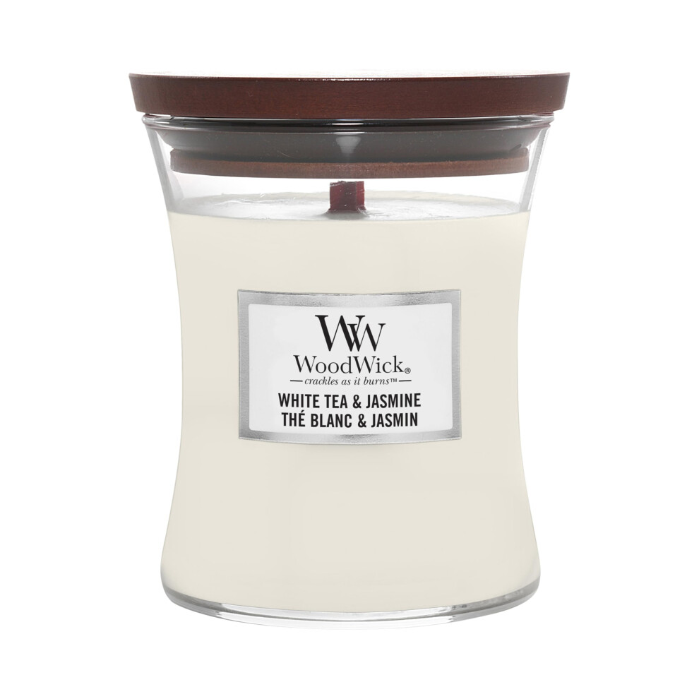 Woodwick Medium Hourglass Scented Candle | Tea And Jasmine | With Crackling Wick | Burn Time: Up To 60 Hours, Tea And Jasmine White