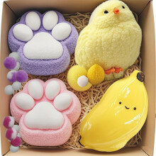 4pcs Big Taba Squishy Toys Set - 1 Mega Chick 1 Banana & 2 Cat Paw Stress Relief Squishies for Kids & Adults Cute Slow-Rise Sensory Fidget Toys for
