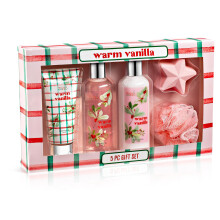 Freida & Joe Duftbad- und Körperkollektion Geschenkbox, Duschgel, Körperlotion, Peeling, Badekugel & Schwamm (Warmes Vanille - Pink)