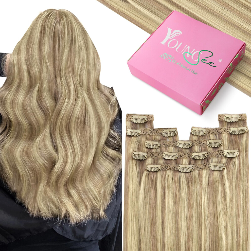 Youngsee Unisex Clip In Hair Extensions Blonde Highlight Remy Human Hair Clip In Extensions Warm Ash Blonde Highlights Bleach Blonde Clip In Hair Extensions