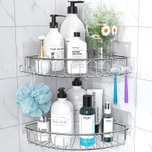 Orimade Adhesive Corner Shower Caddy Shelf with 2 Movable Hooks Wall Mounted Bathroom Accessories Storage Kitchen Organiser Rack No Drilling SUS3