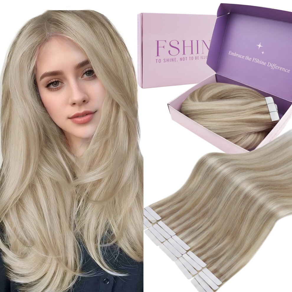 Fshine Unisex Tape In Extensions Real Human Hair 12 Inch Ash Blonde Highlighted With Bleach Blonde - Straight Extensions For Short Hair - 20Pcs 30G
