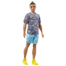 Barbie Fashionistas Ken Puppe #204 mit braunen Haaren im Dutt, Paisley-Shirt & Shorts mit gelben Sneakers
