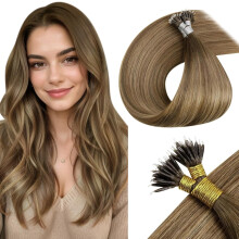LaaVoo Nano-Haarverlängerungen Echthaar Balayage 18 Zoll Nano-Ring Haarverlängerungen Hellbraun zu Dunkel Honigblond