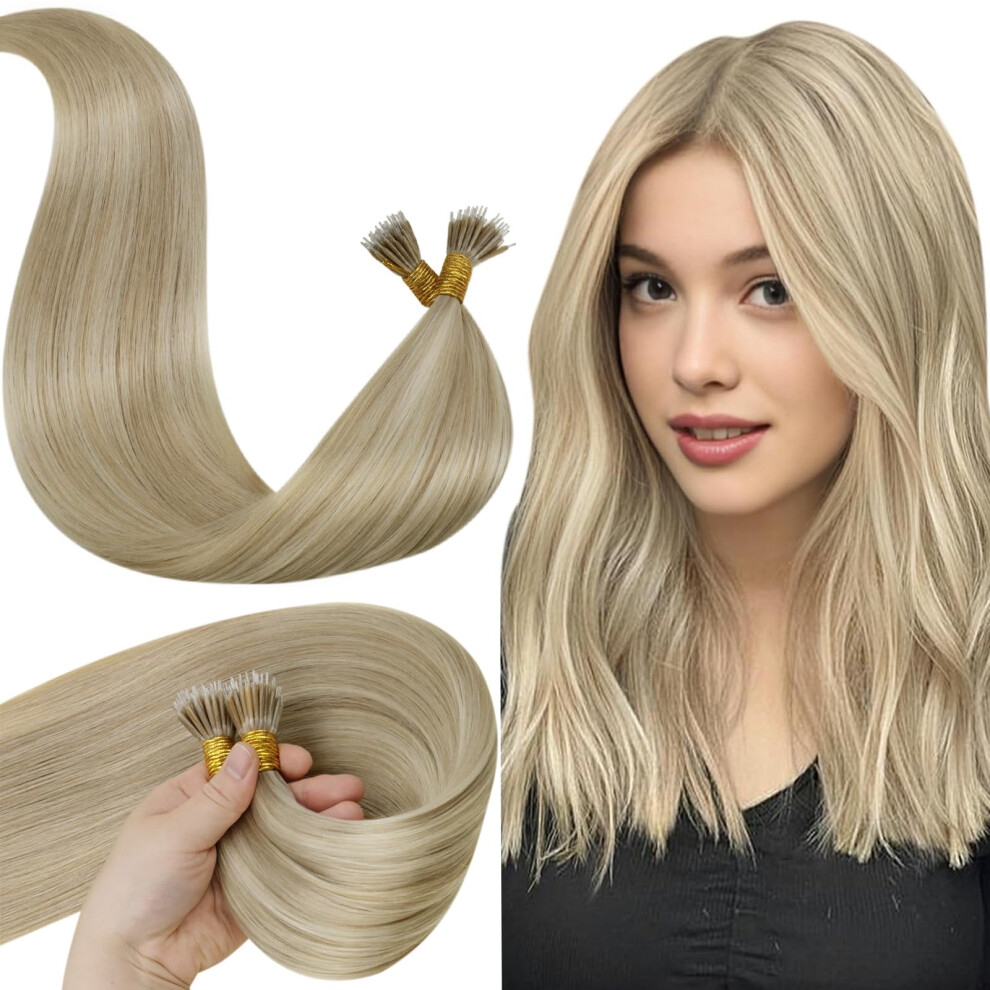 Laavoo Unisex Nano Bead Hair Extensions Human Hair Ash Blonde Highlight Blonde Nano Hair Extensions Human Hair Highlight 50G 50S 16 Inch