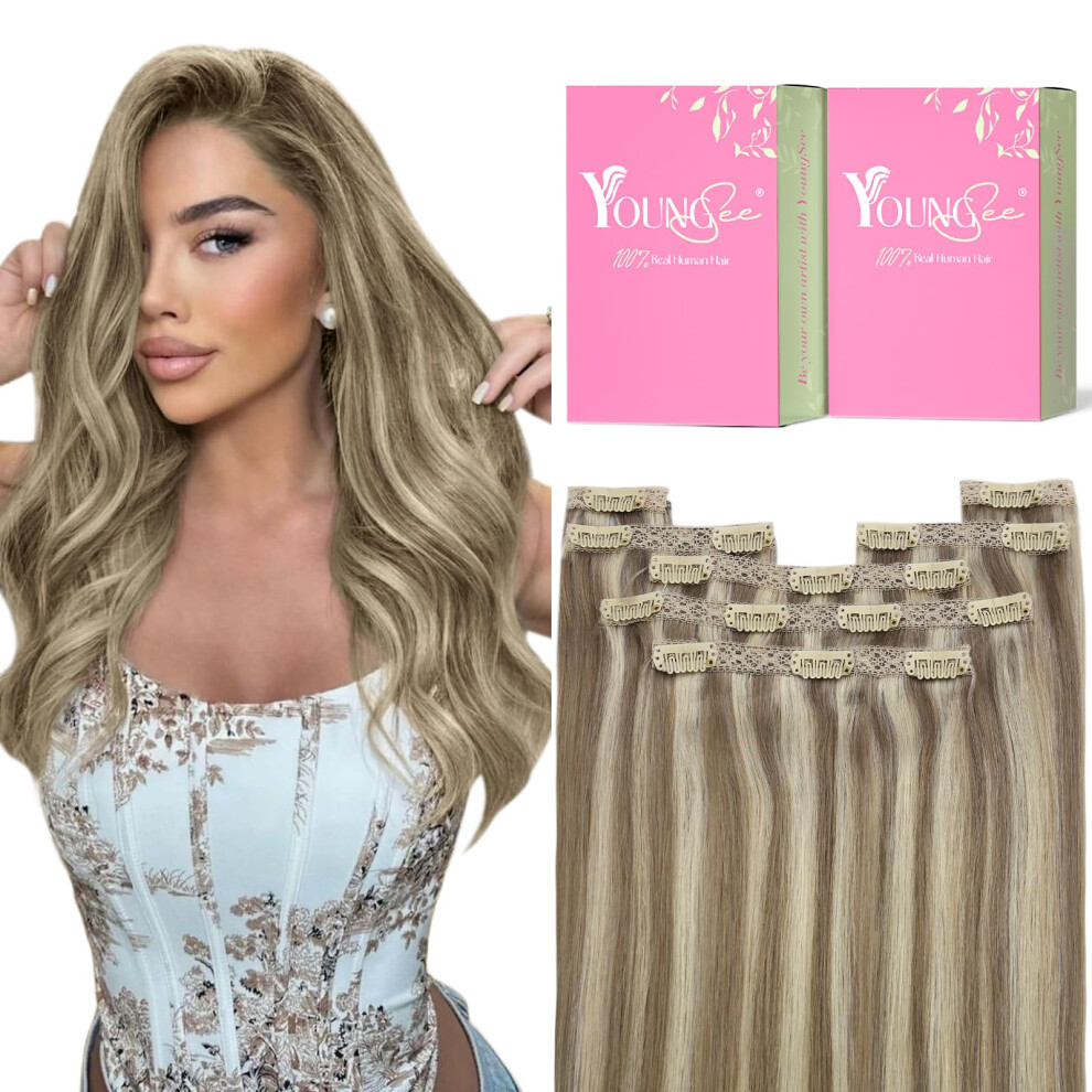 Youngsee Unisex Brown Clip In Human Hair Extensions Highlight Remy Human Hair Extensions Clip Ins Blonde Highlights With Light Clip In Extensions Real Human