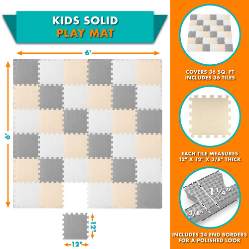ProSource Schaum-Puzzle-Spielmatte für Kinder mit 36 oder 16 interlocking Fliesen, Weiß/Grau/Beige 1