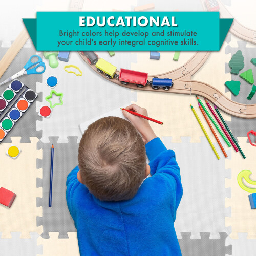 ProSource Schaum-Puzzle-Spielmatte für Kinder mit 36 oder 16 interlocking Fliesen, Weiß/Grau/Beige 2