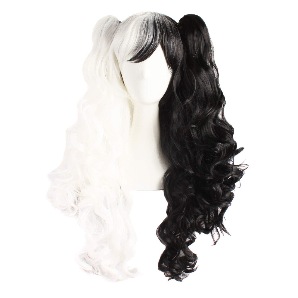 Mapofbeauty Unisex White/Black Multi-Color Lolita Long Curly Clip On Ponytails Cosplay Wig ()