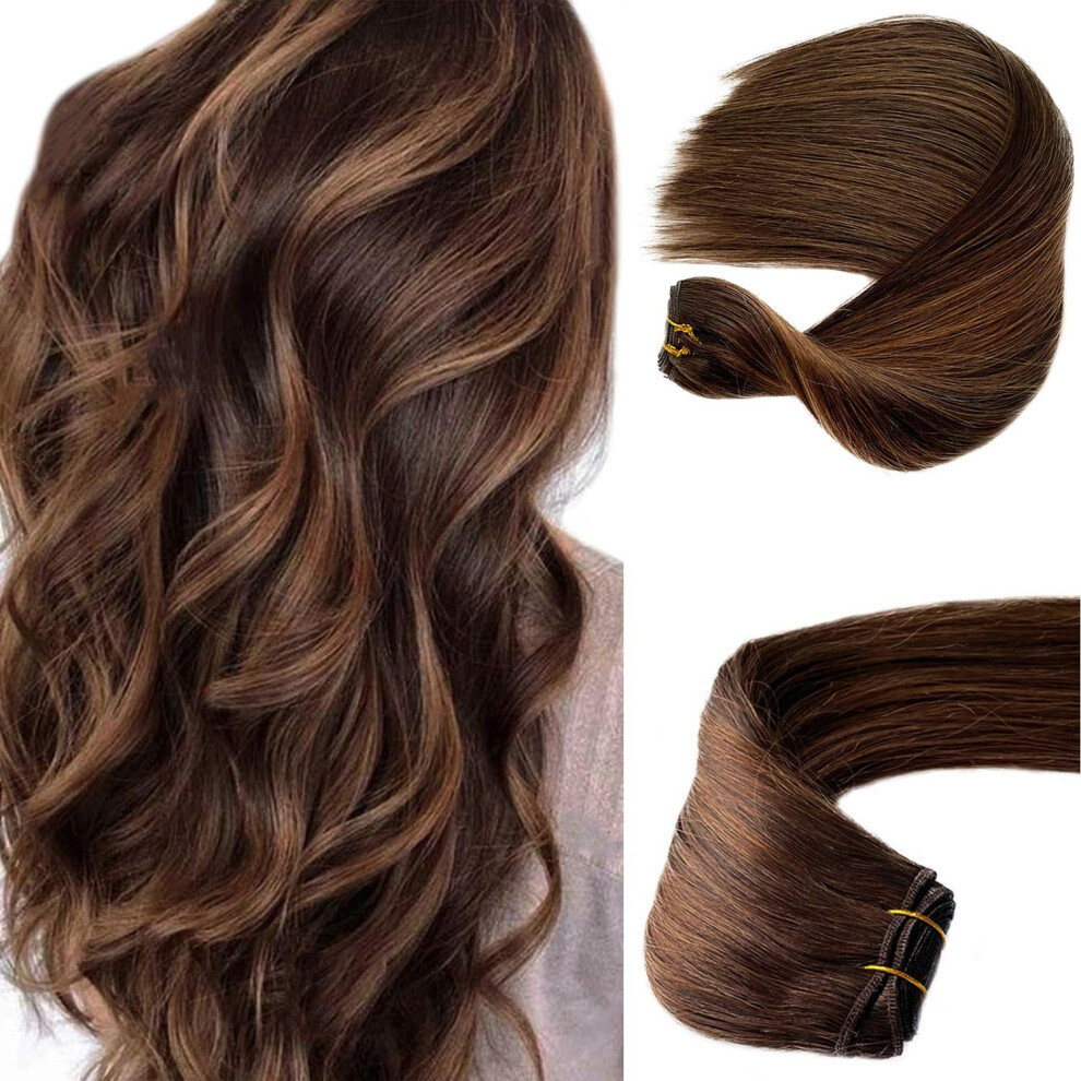Benafee Unisex Brown Human Hair Extensions 16' Ombre Balayage Dark To Chocolate Sew In Hair Bundles Ombre Hair Wefts Remy Hair Extensions Straight Hair