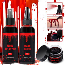 Kit de Maquillaje de Sangre Falsa para Halloween 3PCS, Spray de Sangre 2.1oz, Sangre Goteando 2.1oz, Gel Coagulado 1.41oz