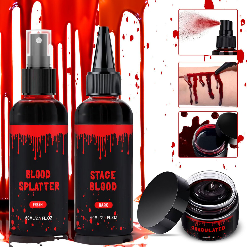 Limuika Halloween Fake Blood Makeup Kit 3Pcs Blood Spray 2.1Oz Dripping Blood 2.1Oz Coagulated Gel 1.41Oz Washable Sfx Makeup Set For Vampire Zombie Monst