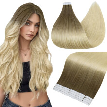 Full Shine Tape In Haarverlängerungen Echthaar Farbe 3 und 8 Braun verblassend zu 613 Platinblond Remy