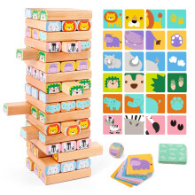 Nene Toys Jeu de Blocs Empilables en Bois - Tumble Tower 4-en-1 avec Blocs, Cartes et Dés - Safari Africain