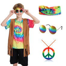 Dwieey Garçons Costumes Années 60 70 Ensemble 5 Pcs Accessoires Hippie Gilet Frangé Chemise Tie Dye