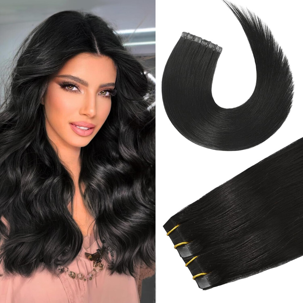 Aison Unisex Black Jet Tape In Hair Extensions Human Hair 20 Inch 50G Tape In Human Hair Extensions 100% Remy Human Hair Extensions Silky Straight For