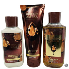 Bath & Body Works Body Chocolate Amber Gel Wash, Lotion & Hydration Cream Set