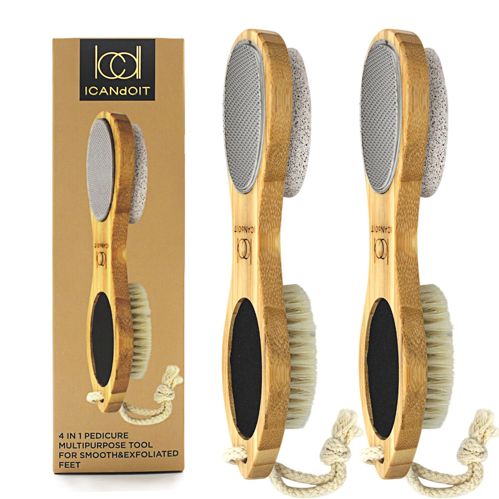 Icandoit -2 Packs Natural Bamboo Foot File Callus Remover-Multi Purpose 4 In 1 Feet Pedicure Kit With Boar Bristle Brush Pumice Stone Foot Rasp Sand Pa
