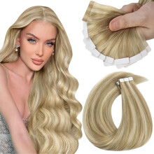 Sunny Hair Tape in Hair Extensions Real Human Hair Invisible Remy Hair Extensions Tape ins for Women Dark Honey Blonde Highlight Medium Blonde 22 inch
