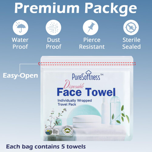 PureSoftness Reise-Pack Einweg-Gesichtstuch, 5 trockene Tücher pro Beutel, Makeup-Entfernung 1