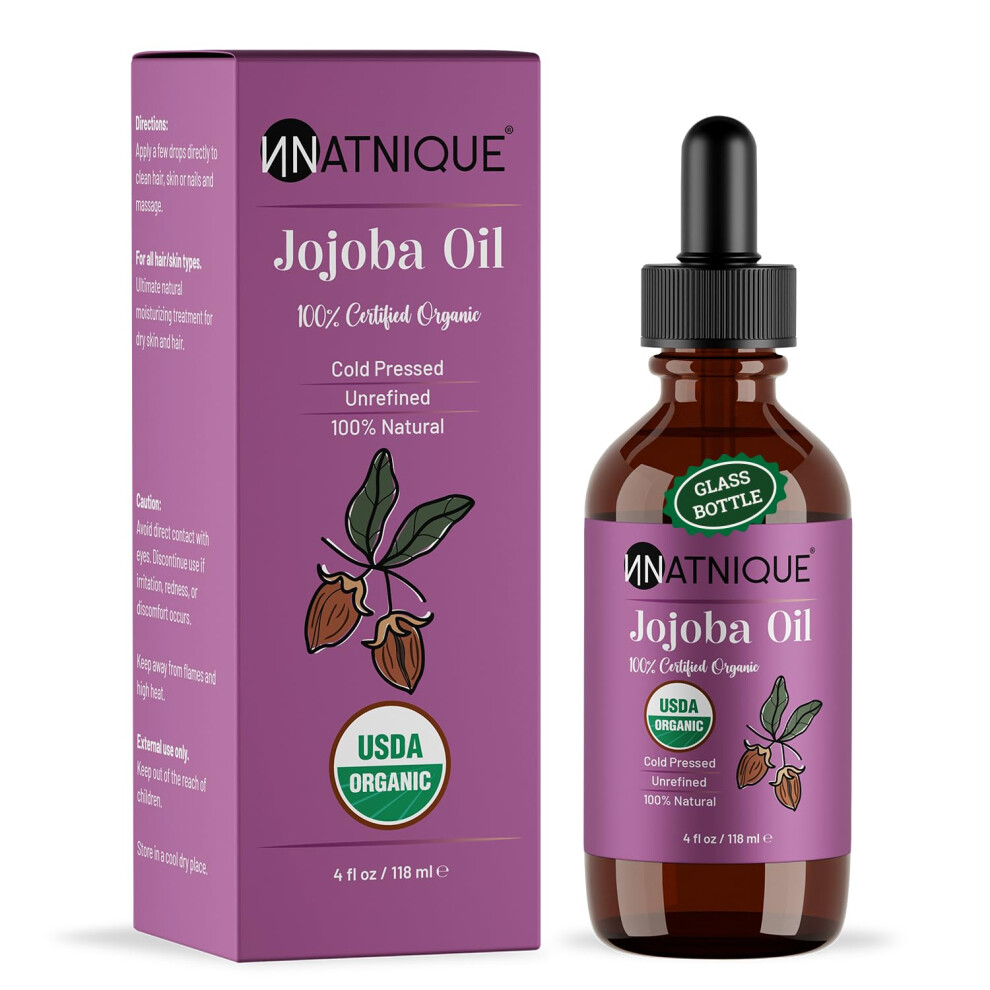Natnique Organic Jojoba 4Oz - Usda Certified, Cold Pressed, Unrefined & Hexane-Free - Pure Moisturizer For Hair Growth, Face, Skin, Beard, Scalp, Nail