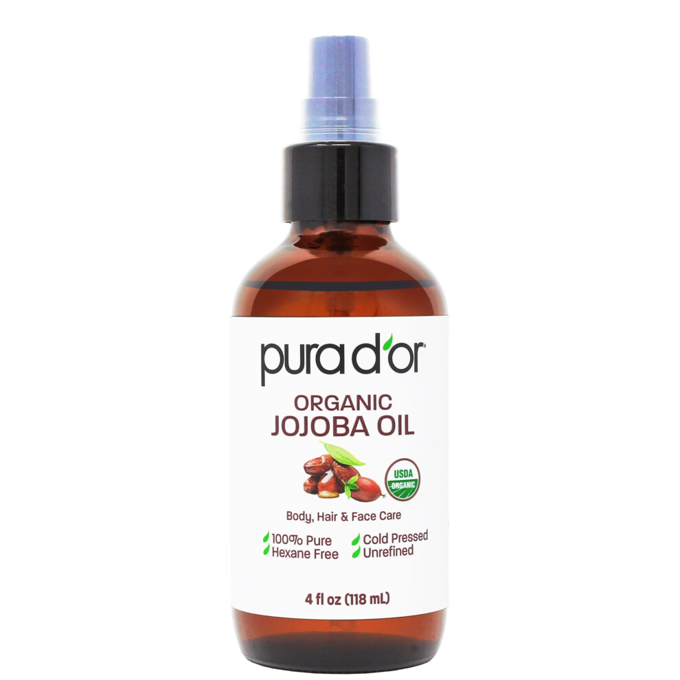 Pura D'or 4 Oz Organic Jojoba Oil - Usda Certified - 100% Pure & Natural Moisturizer - Cold Pressed Unrefined Hexane Free Base Carrier Oil For Diy S