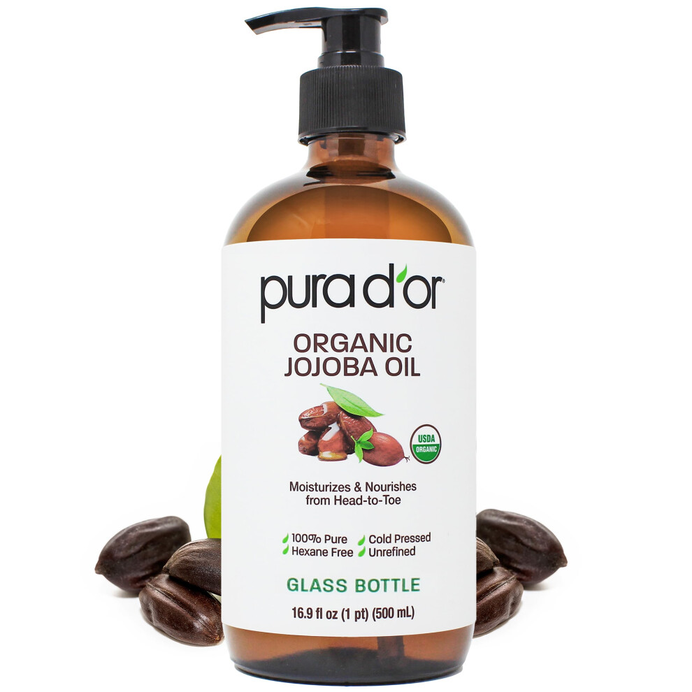 Pura D'or 16.9 Oz Organic Jojoba Oil (Glass Bottle) Usda Certified - 100% Pure & Natural Moisturizer - Cold Pressed Unrefined Hexane Free Base Carri