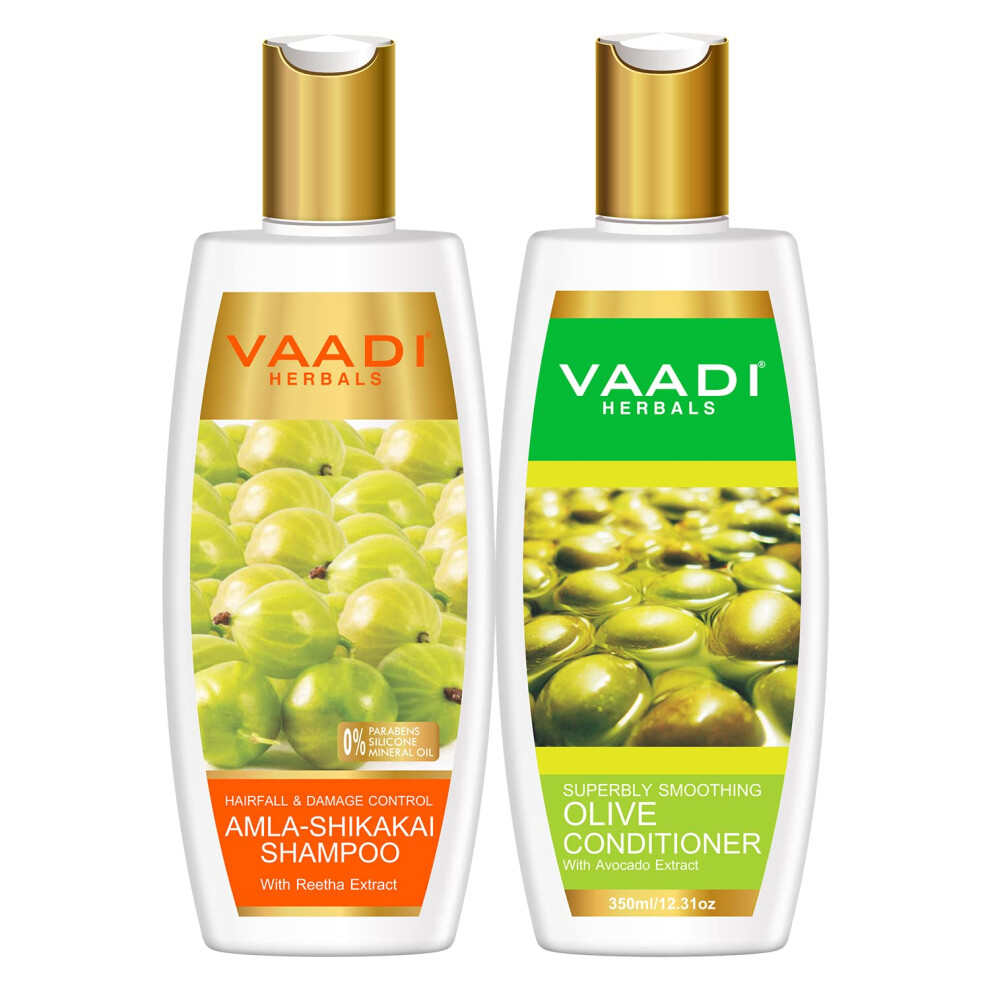 Vaadi Herbals Amla Shikakai Hair Fall And Damage Control Shampoo 350Ml With Olive Conditioner 350Ml