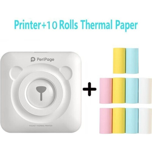 Peripage Mini Tragbarer Bluetooth-Thermodrucker mit 10 Rollen Druckerpapier – Weiß
