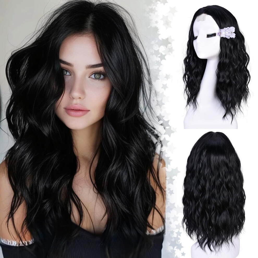 Curlcrazy Unisex Black Short Wavy Wigs For Women Bob Wave Wig Natural Looking Synthetic Middle Part Lace Front Hair For Everyday Hairstyle 18Inch