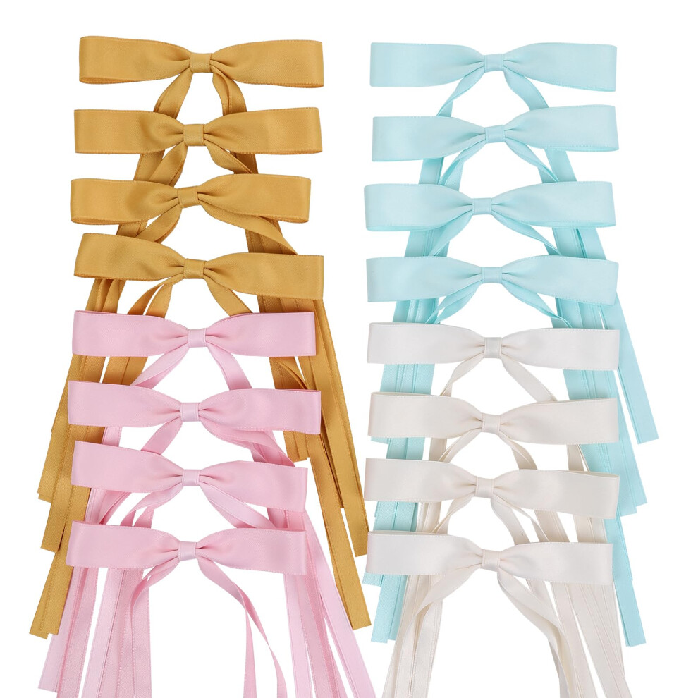 Wortl Pink/Yellow Hair Bows Clips Coquette Ribbon Bowknot With Long Tail Princess Hair Bows French Barrettes Hair Accessories For Women Girls 16Pcs (