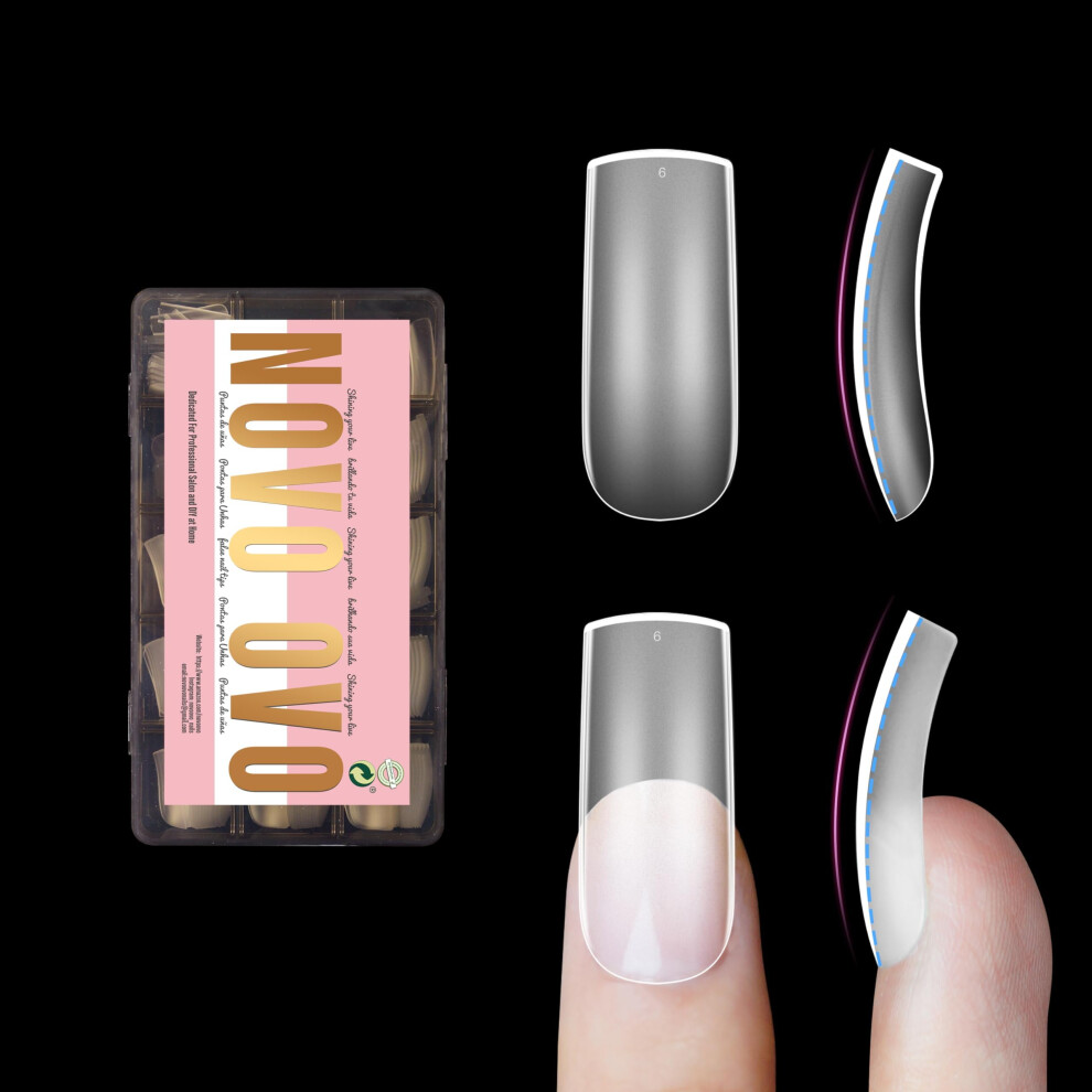 Novo Ovo Medium Slightly Curved Nail Tips Press On Full Cover Thick Square Eagle Claw Hawk Curve Gel X Short Acrylic Fake Nails Extension Kit Clear