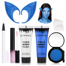 Kit de Maquillaje Avatar 8pcs, Pintura Facial Azul, Cosplay Smurf Mystique, Gloss Labial, Delgadas Orejas Elfas