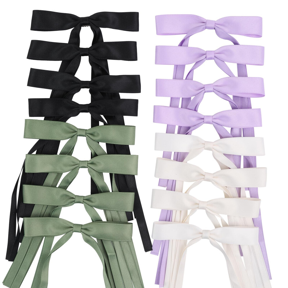 Wortl Cream/Green Hair Bows Clips Coquette Ribbon Bowknot With Long Tail Princess Hair Bows French Barrettes Hair Accessories For Women Girls 16Pcs (