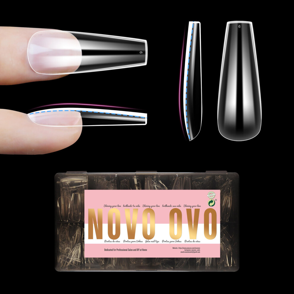 Novo Ovo Long Coffin Nail Tips Natural (Not Sculpted) For Flat Nail Beds Extra Thick L Length False Nails Press On Full Cover Soft Gel Fake Nail Ext