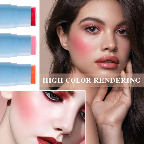3 Farben Creme Blush Stick mit Pinsel, wasserfester 2-in-1 Multi Creme Make-up Stick 1