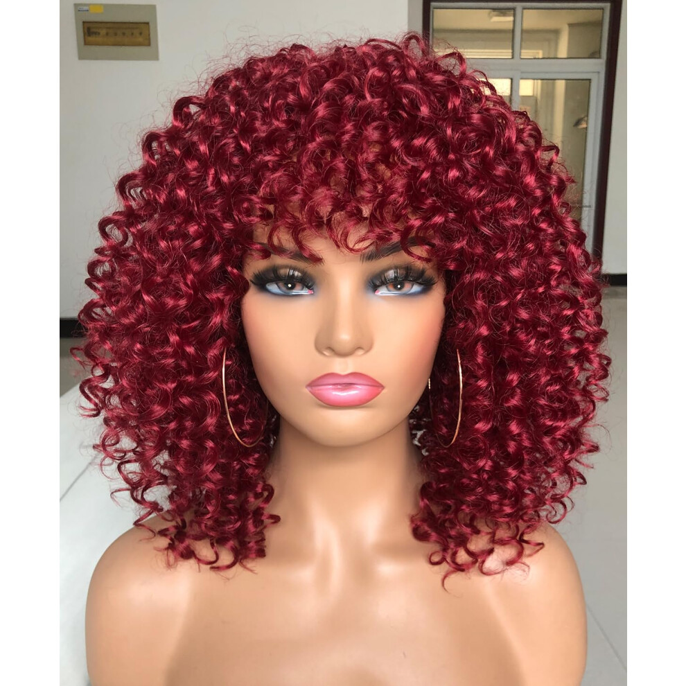 Gembon Unisex Black Curly Afro Wigs For Women Kinky Curly Wig With Bangs Synthetic Fiber Natural Looking Glueless Hair For Daily Wear