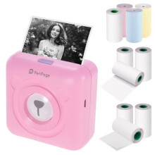 PeriPage Mini Pocket BT Thermodrucker zum Drucken von Etiketten, Fotos, Belegen und Notizen mit 9 Rollen rosa Thermopapier