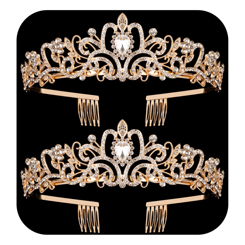 Nljihkure Unisex Gold 2 Pack Crystal Crowns Tiara For Women Girls Elegant Princess Rhinestone Crown With Combs Bridal Wedding Headbands Prom Birthday Party Halloween