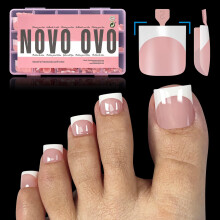 NOVO OVO Ongles Pieds Pressés avec Tips French, Gel Souple Carré Pré-Conçu, Base et Primer Rose