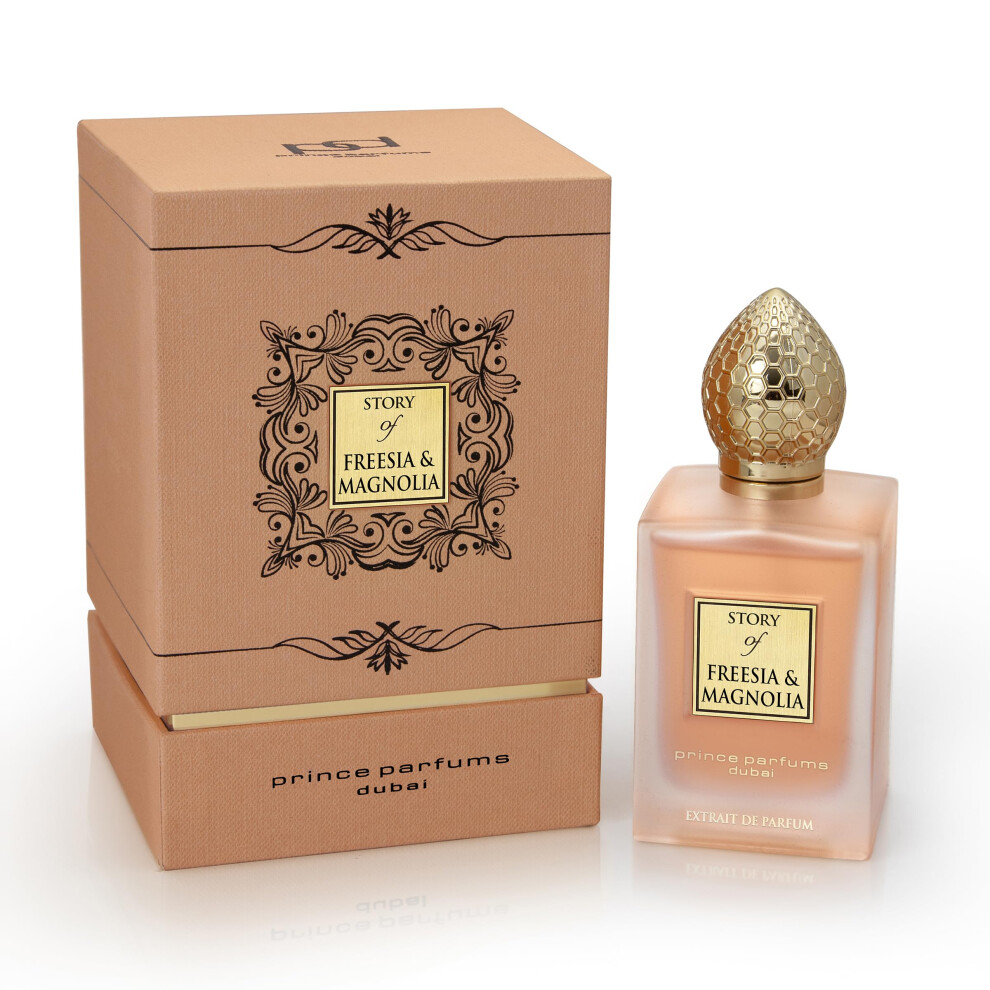 Pp Prince Parfums Du Prince Parfums Dubai - Story Of Freesia Magnolia For Women - 3.4 Ounces - Extrait De Parfum - Delicate Bouquet Of Freesia Magnolia - Essence Of Femin