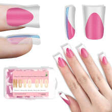 NOVO OVO Korte Eend Nageltips Franse Tips ROZE PINK met Glitters, Zachte Gel Nagelverlenging